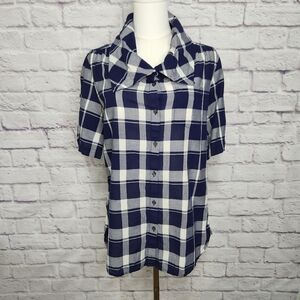 Banana Republic roll tab Sleeve Button Down Blue Plaid top Sz Small 100% cotton